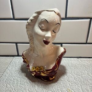 Vintage lady head vase 
Red and gold